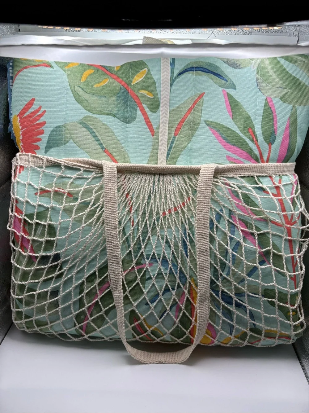 C&C California Reversible Outdoor Blanket w/ Mint, Pink & Yellow Tropical Print